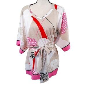 New York and Company Stretch Size Medium Pink Kimono Style Dress Pink Tan Red